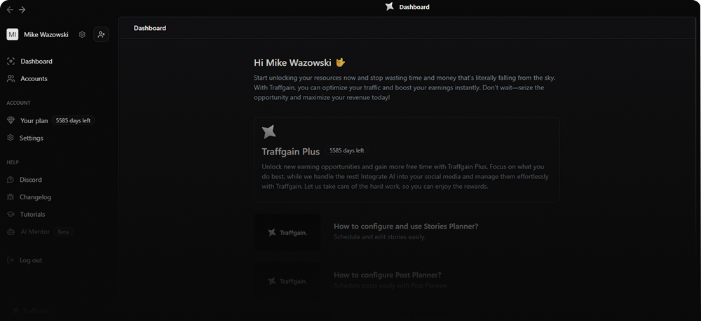 Traffgain application interface screenshot showing dashboard and features